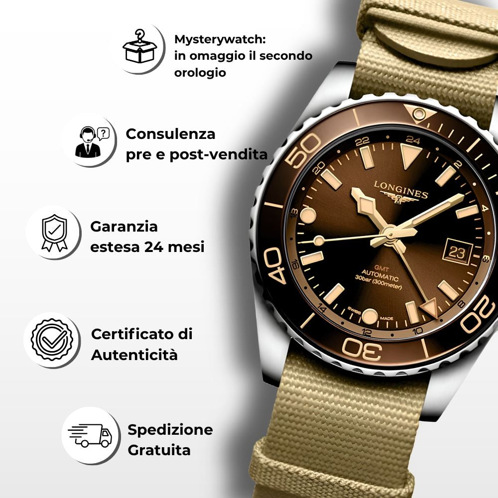 Longines HydroConquest GMT quadrante marrone: vantaggi esclusivi, mysterywatch in omaggio, consulenza pre e post-vendita, garanzia estesa 24 mesi e certificato di autenticità