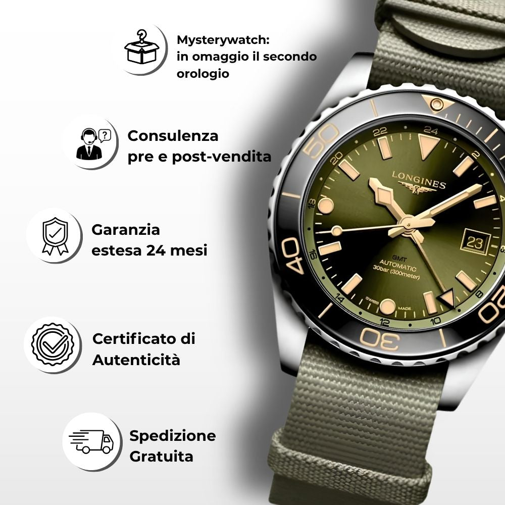 Longines HydroConquest GMT verde: vantaggi esclusivi, mysterywatch in omaggio, consulenza pre e post-vendita, garanzia estesa 24 mesi e certificato di autenticità