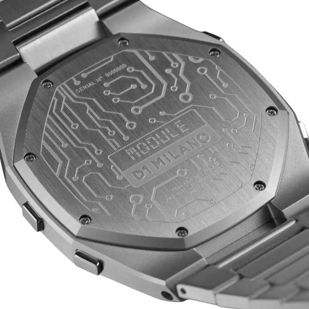 Fondello in acciaio dell'Orologio D1 Milano Automatic Black D1-ATBJ02 con incisione circuito e logo, design italiano di alta precisione.