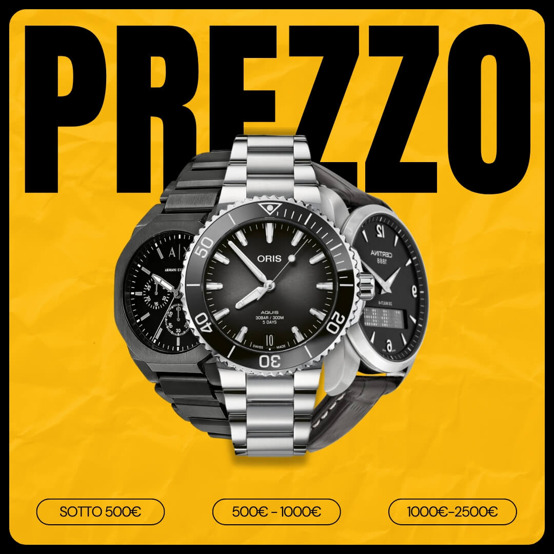 Orologi da uomo sotto i 500€, tra i 500€ e i 1000€, tra i 1000€ e i 2500€