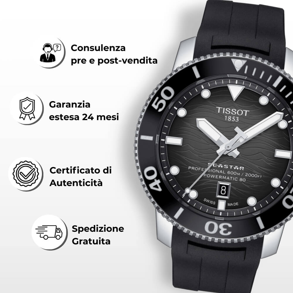 Vantaggi Youwatchtime.com: spedizione gratuita e certificato di autenticità su Tissot Seastar 2000.
