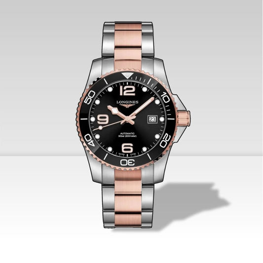 Longines HydroConquest automatico 41mm, quadrante nero, cassa acciaio e oro rosa, bracciale oyster bicolore, vista frontale su sfondo neutro