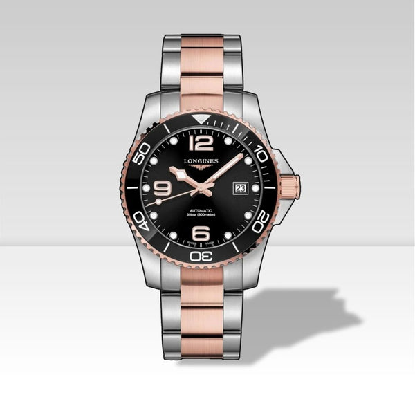 Longines HydroConquest automatico 41mm, quadrante nero, cassa acciaio e oro rosa, bracciale oyster bicolore, vista frontale su sfondo neutro