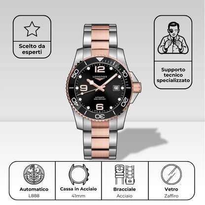 Dettagli tecnici Longines HydroConquest: movimento automatico calibro L888, cassa 41mm in bronzo e titanio, bracciale in acciaio, vetro zaffiro, scelto da esperti con supporto tecnico specializzato