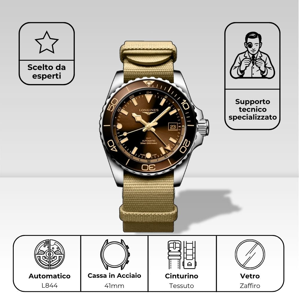 Dettagli tecnici Longines HydroConquest GMT: movimento automatico calibro L844, cassa 41mm in acciaio, cinturino in tessuto, vetro zaffiro, scelto da esperti con supporto tecnico specializzato