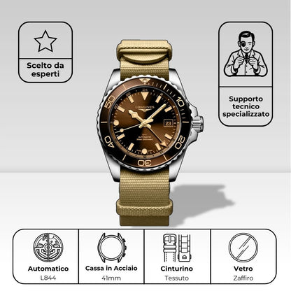 Dettagli tecnici Longines HydroConquest GMT: movimento automatico calibro L844, cassa 41mm in acciaio, cinturino in tessuto, vetro zaffiro, scelto da esperti con supporto tecnico specializzato