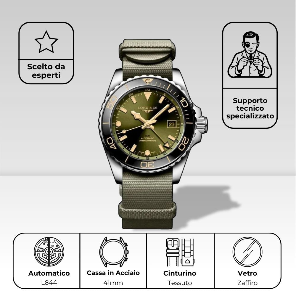 Dettagli tecnici Longines HydroConquest GMT: movimento automatico calibro L844, cassa 41mm in acciaio, cinturino in tessuto, vetro zaffiro, scelto da esperti con supporto tecnico specializzato