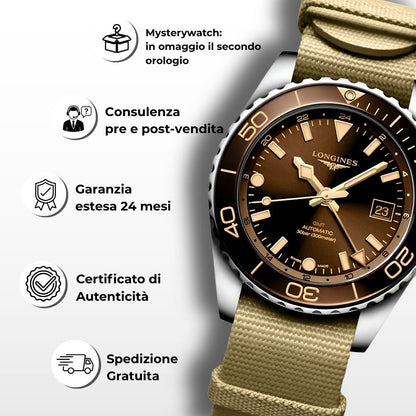 Longines HydroConquest GMT quadrante marrone: vantaggi esclusivi, mysterywatch in omaggio, consulenza pre e post-vendita, garanzia estesa 24 mesi e certificato di autenticità