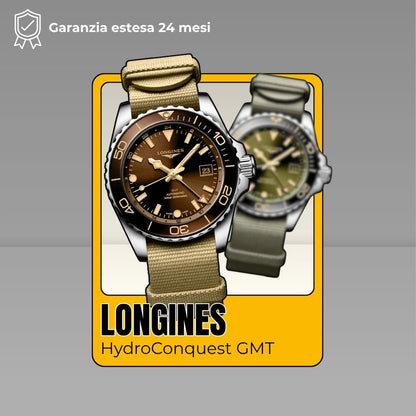 Longines HydroConquest GMT quadrante marrone in primo piano con variante verde sullo sfondo, garanzia estesa 24 mesi
