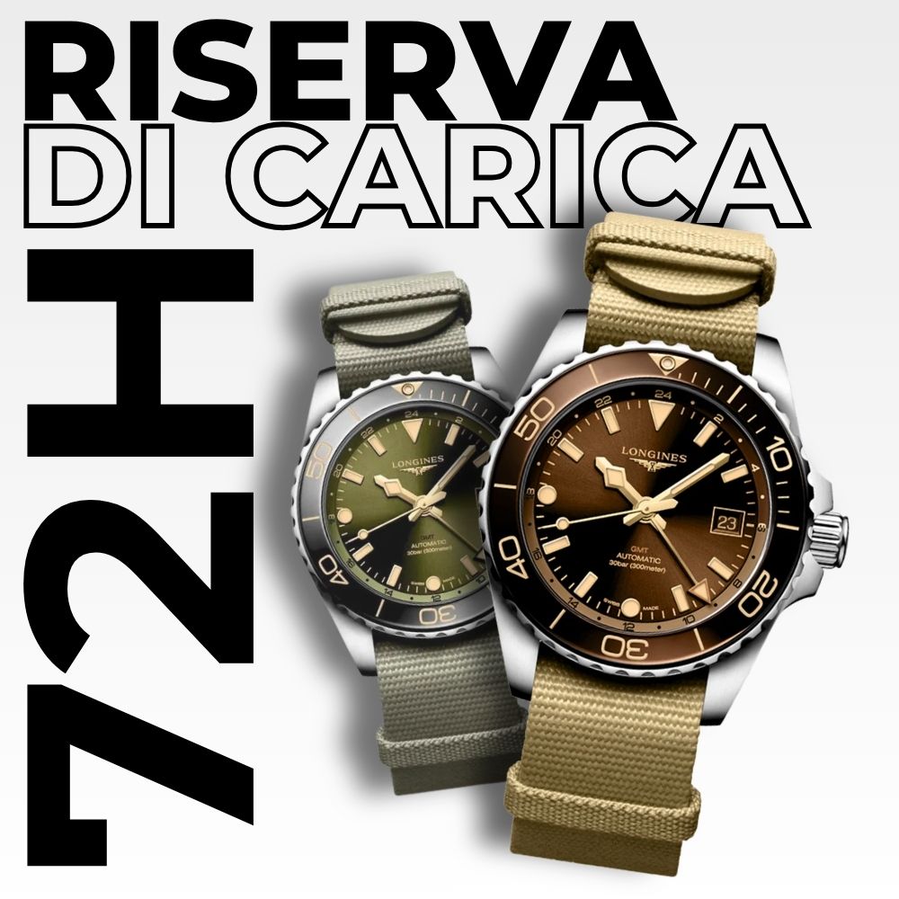 Confronto Longines HydroConquest GMT quadrante marrone e quadrante verde, riserva di carica 72 ore, collezione orologi sub automatici GMT