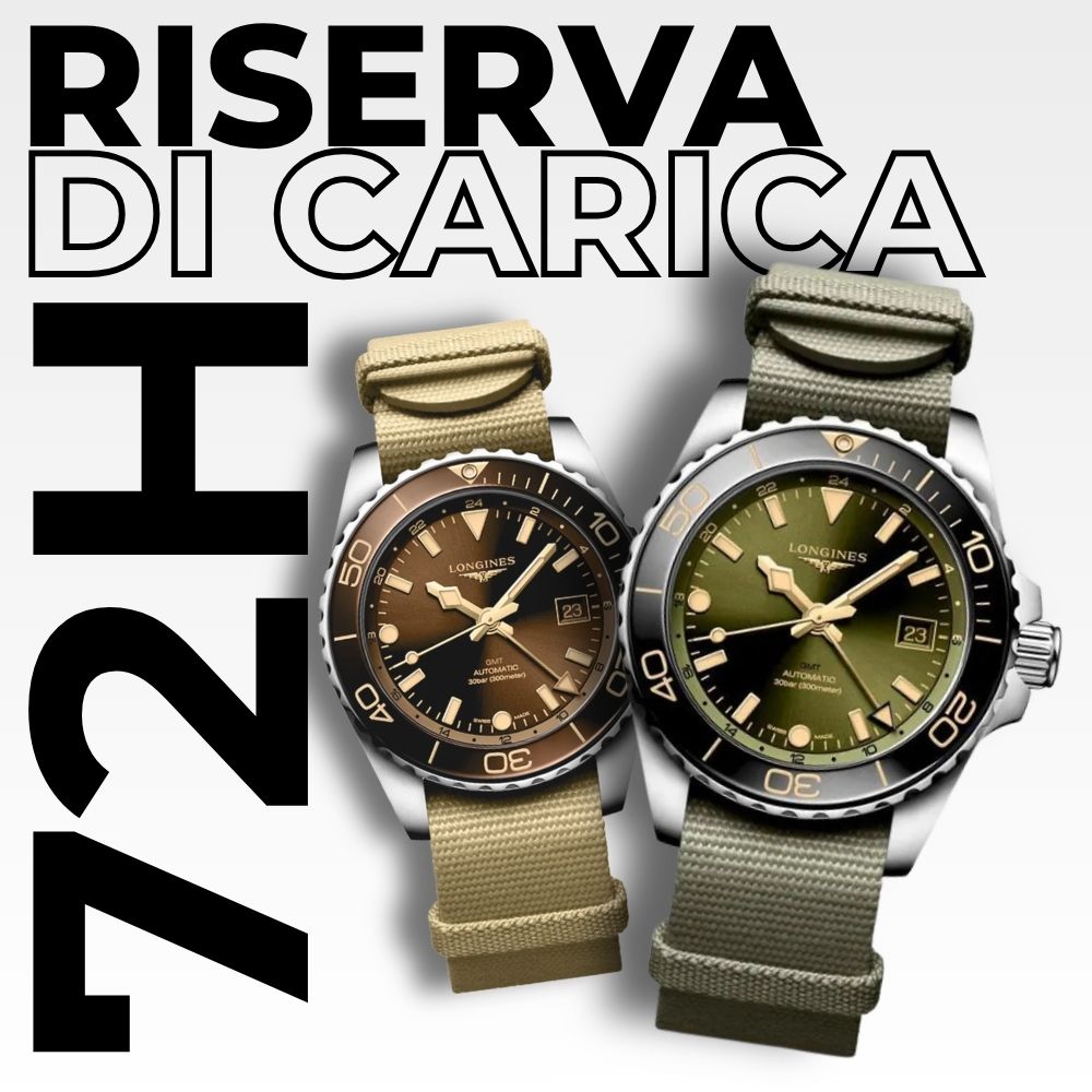 Confronto Longines HydroConquest GMT quadrante bronzo e quadrante verde, riserva di carica 72 ore, collezione orologi sub automatici GMT