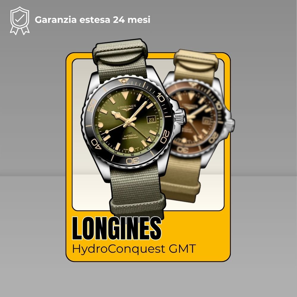 Longines HydroConquest GMT quadrante verde in primo piano con variante bronzo sullo sfondo, garanzia estesa 24 mesi