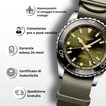 Longines HydroConquest GMT verde: vantaggi esclusivi, mysterywatch in omaggio, consulenza pre e post-vendita, garanzia estesa 24 mesi e certificato di autenticità