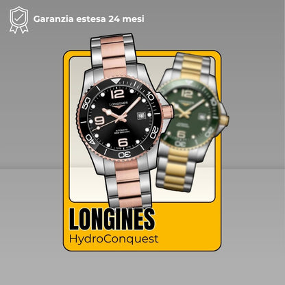 Longines HydroConquest oro rosa in primo piano con variante oro giallo quadrante verde sullo sfondo, garanzia estesa 24 mesi, collezione sub automatici