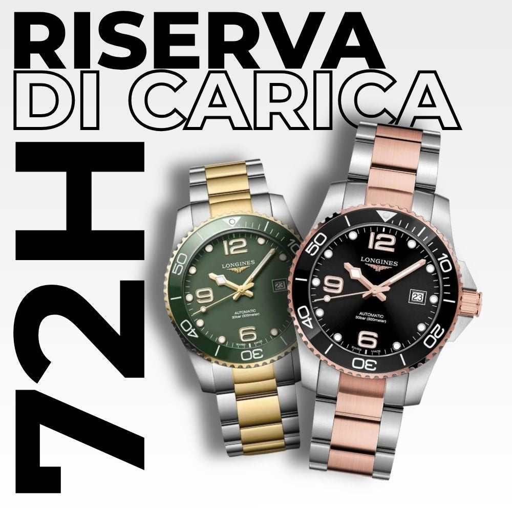 Confronto Longines HydroConquest quadrante verde oro giallo e quadrante nero oro rosa, riserva di carica 72 ore, collezione orologi sub automatici