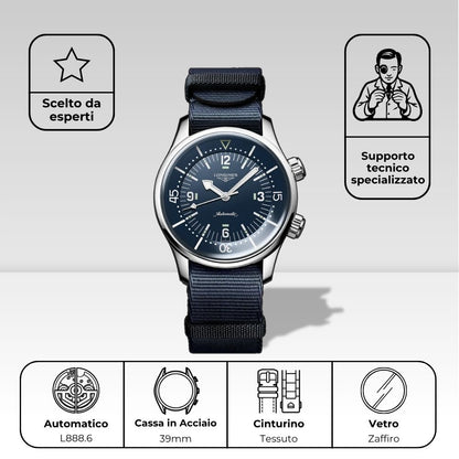 Dettagli tecnici Longines Legend Diver: movimento automatico calibro L888.6, cassa vintage 39mm in acciaio, cinturino in tessuto, vetro zaffiro, scelto da esperti con supporto tecnico specializzato