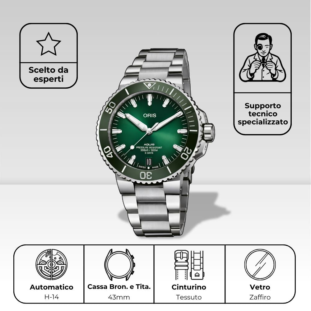 Scheda tecnica Oris Aquis Date Calibre 400: cassa in acciaio, vetro zaffiro e movimento automatico di manifattura.