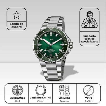 Scheda tecnica Oris Aquis Date Calibre 400: cassa in acciaio, vetro zaffiro e movimento automatico di manifattura.