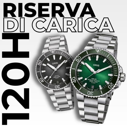 Infografica Oris Aquis Calibre 400 con focus sulla riserva di carica di 5 giorni e proprietà antimagnetiche.