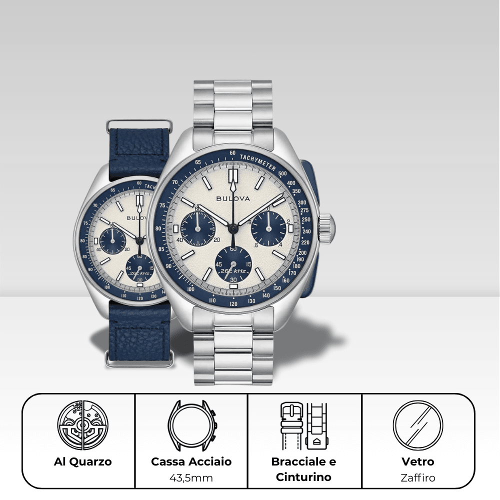 Orologio Bulova cronografo con cassa e bracciale acciaio, Lunar Pilot Heritage 98k112