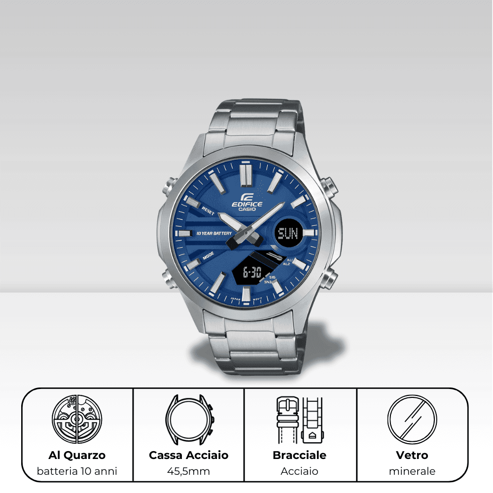 Casio Edifice EFV-C120D-2AEF: Orologio al quarzo con batteria di durata 10 anni. Cassa e bracciale in acciaio, un diametro 45,5mm e vetro minerale.