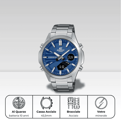 Casio Edifice EFV-C120D-2AEF: Orologio al quarzo con batteria di durata 10 anni. Cassa e bracciale in acciaio, un diametro 45,5mm e vetro minerale.