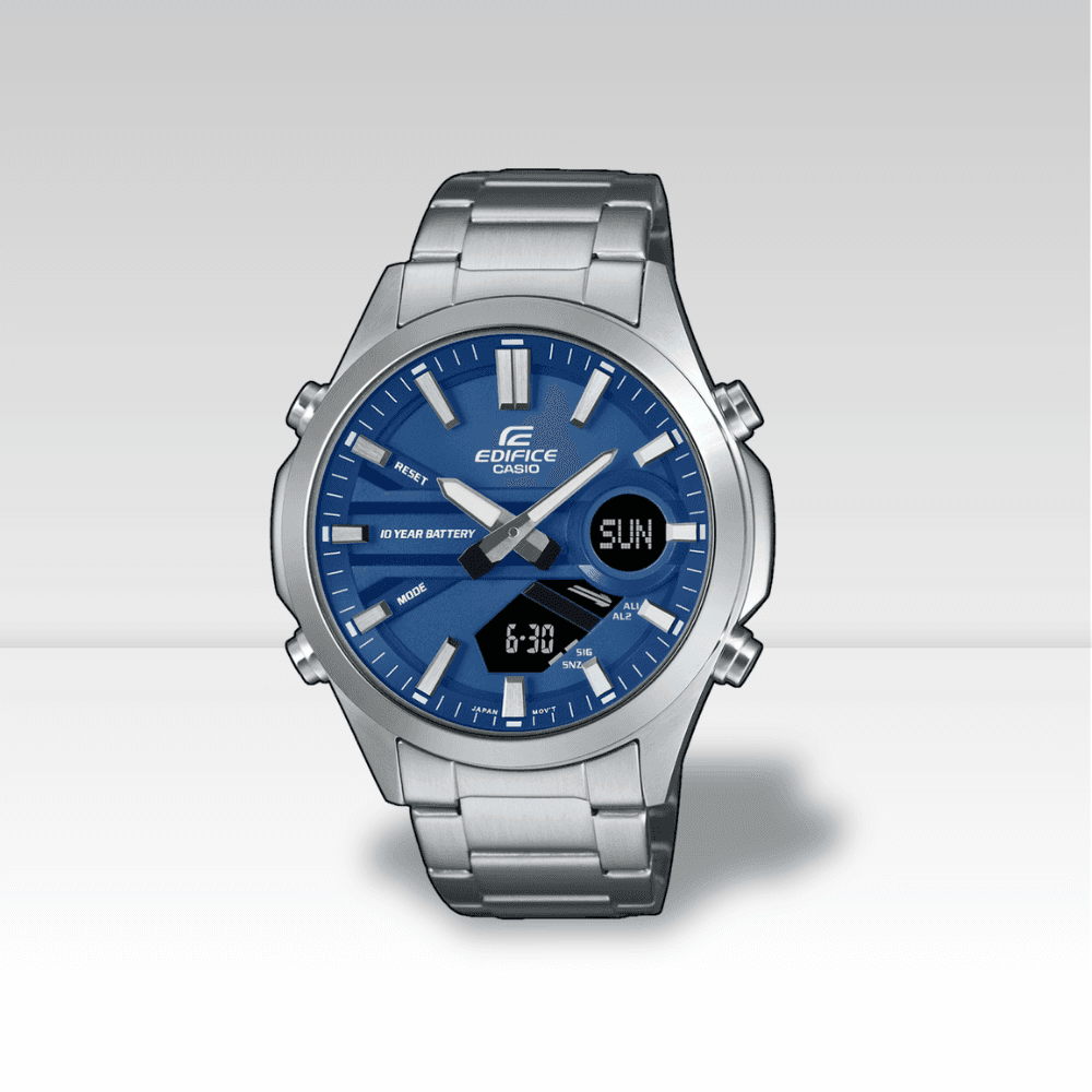 Casio Edifice EFV-C120D-2AEF: Cronografo analogico-digitale in acciaio con quadrante blu e funzioni digitali. Orologio sportivo impermeabile con batteria 10 anni.