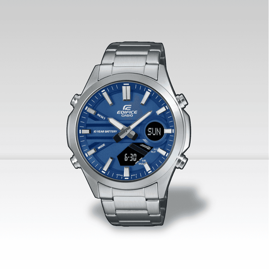 Casio Edifice EFV-C120D-2AEF: Cronografo analogico-digitale in acciaio con quadrante blu e funzioni digitali. Orologio sportivo impermeabile con batteria 10 anni.