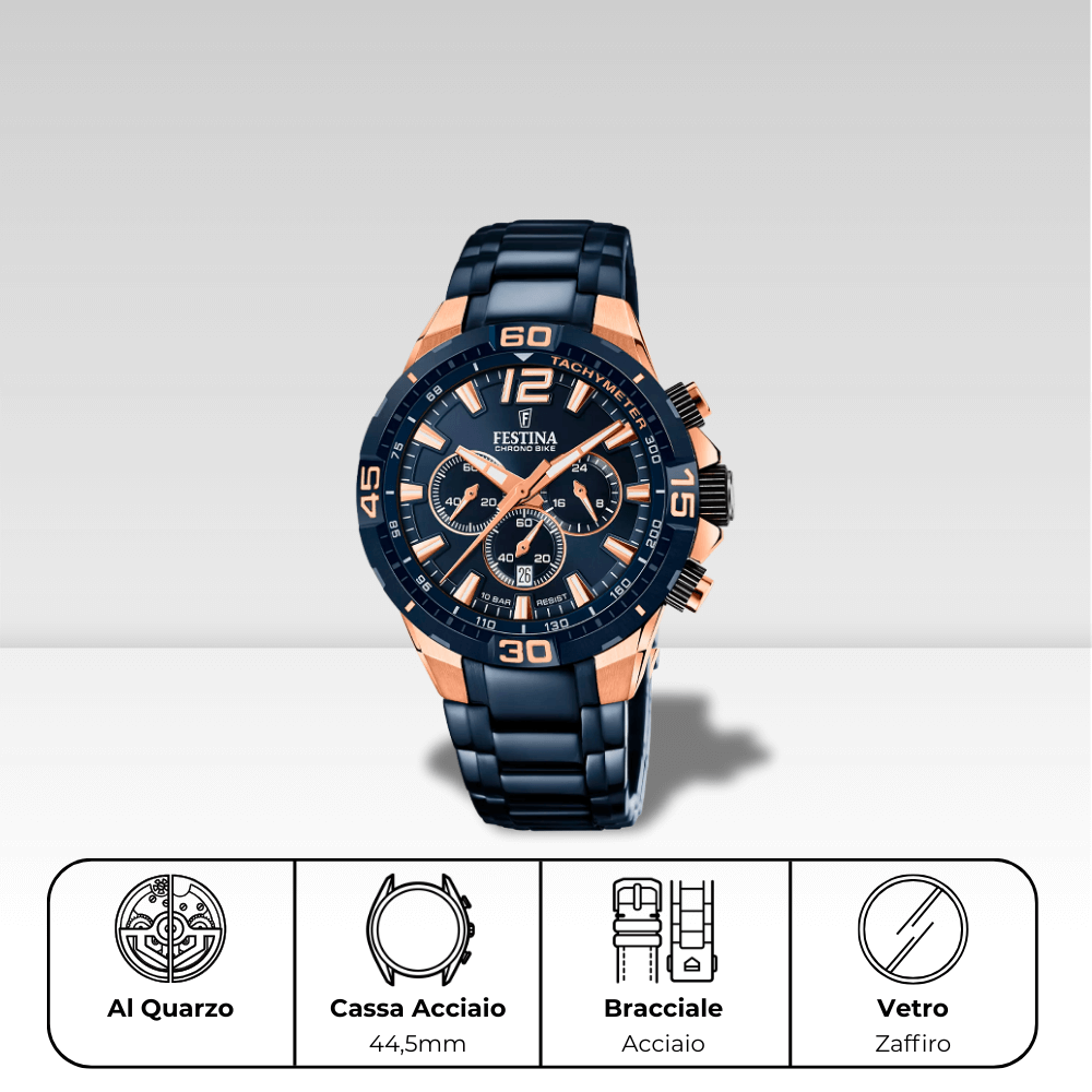 Orologio Festina con cronografo e tachimetro al quarzo. Cassa e bracciale in acciaio. F20524/1