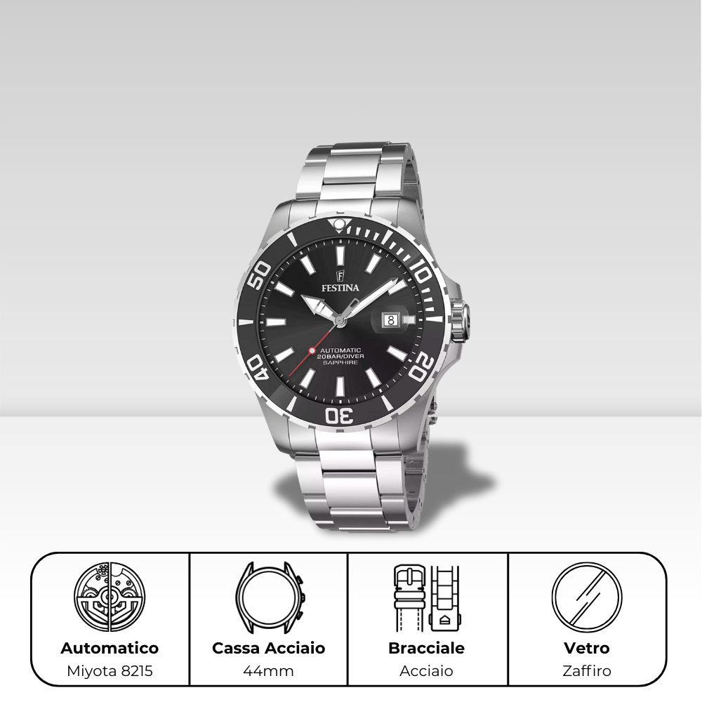 Orologio Festina diver 200m. Automatico calibro Miyota 8215. Cassa e bracciale in acciaio. f20531/4