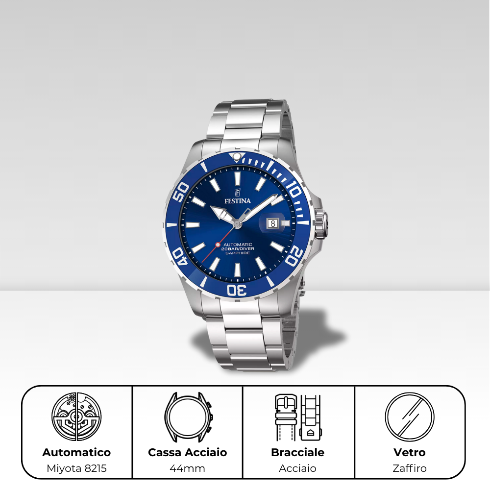 Orologio Festina movimento automatico Miyota 8215, con cassa e bracciale in acciaio. F20531/3
