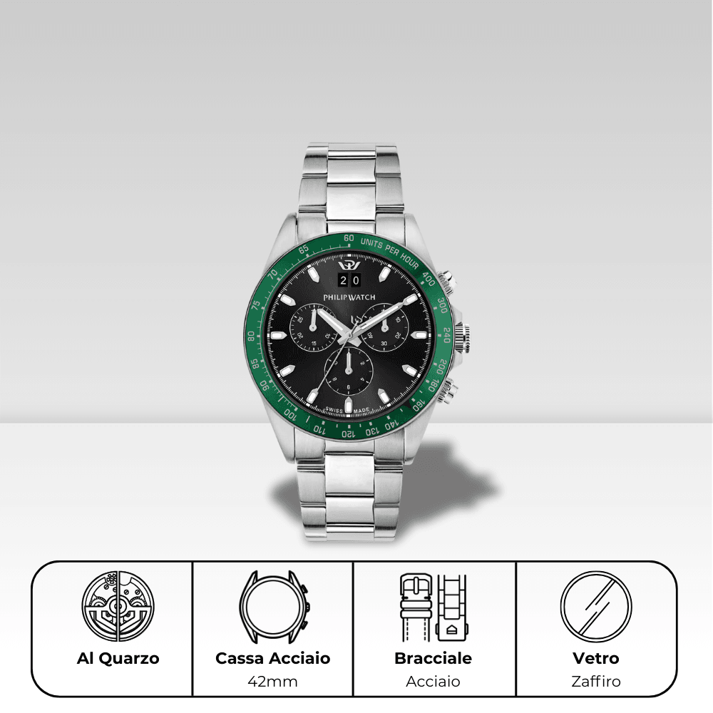 Orologio Philip Watch cronografo con cassa e bracciale in acciaio, Caribe Sport r8273607010