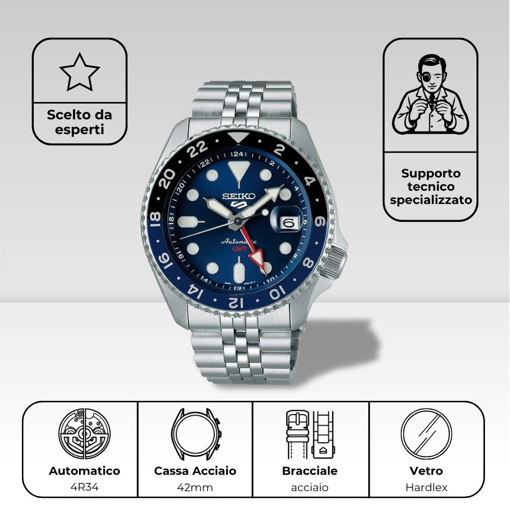 Orologio automatico Seiko 5 Sports SSK003K1 Batman con lunetta bicolore nero-blu e bracciale in acciaio stile Jubilee