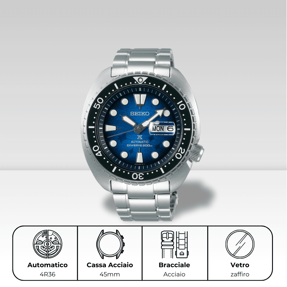 Orologio Seiko automatico con cassa e bracciale in acciaio e ghiera in ceramica, Save the Ocean srpe39k1