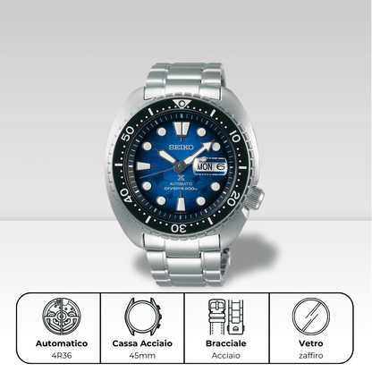 Orologio Seiko automatico con cassa e bracciale in acciaio e ghiera in ceramica, Save the Ocean srpe39k1