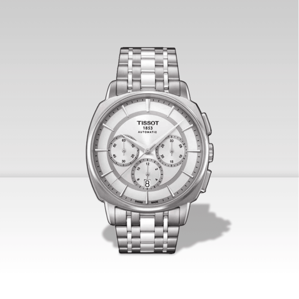 Orologio cronografo Tissot T-Lord T0595271103100 in acciaio con quadrante argento e bracciale a maglie.