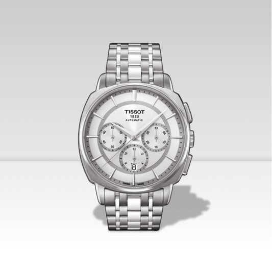 Orologio cronografo Tissot T-Lord T0595271103100 in acciaio con quadrante argento e bracciale a maglie.