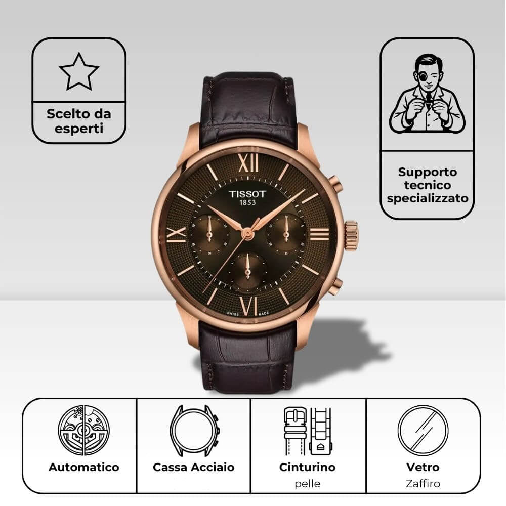 Specifiche tecniche Tissot Chemin des Tourelles: movimento automatico, cassa 42mm e vetro zaffiro bombato.