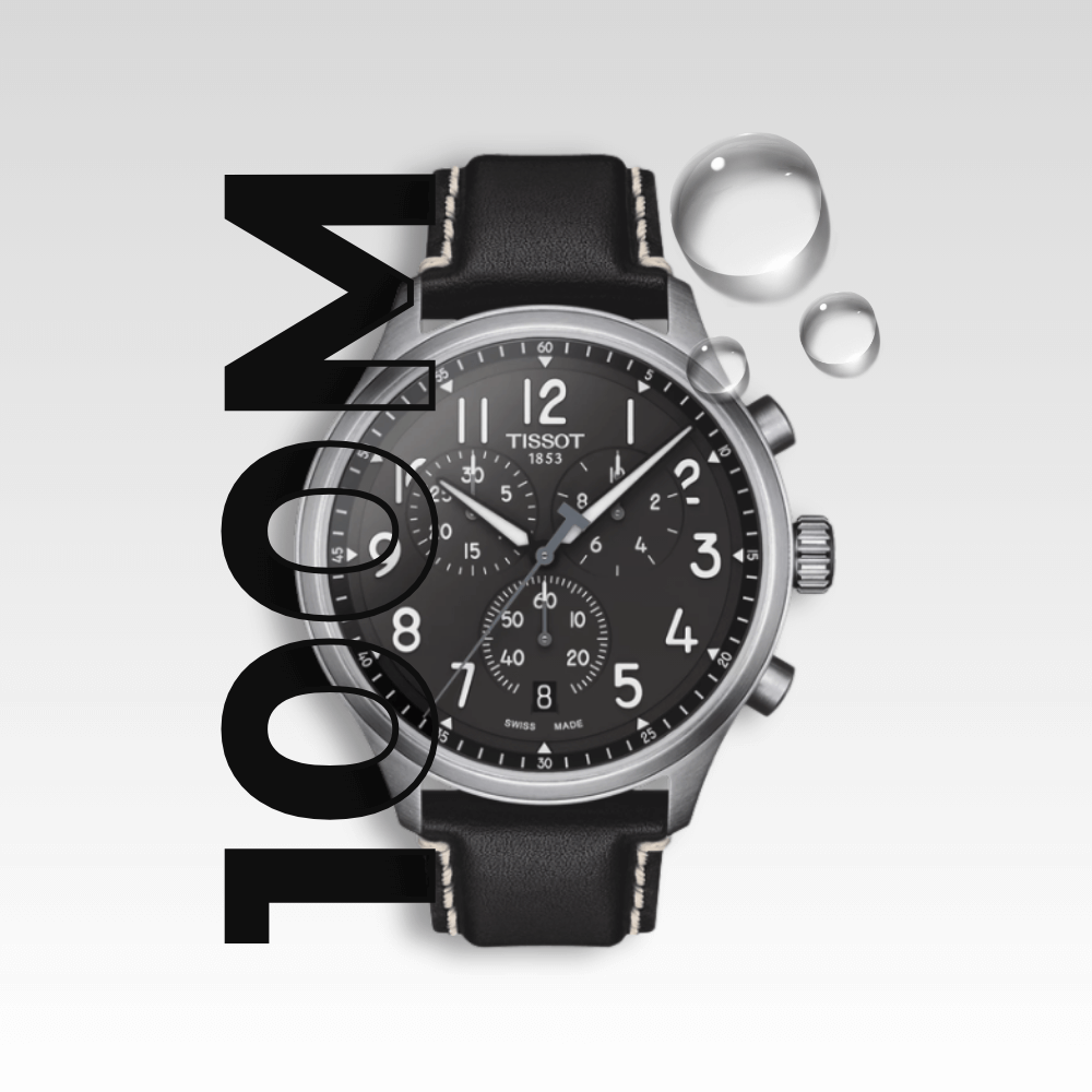 Orologio Tissot Chrono XL impermeabile fino a 100 metri (10 ATM) adatto per nuoto e sport acquatici.