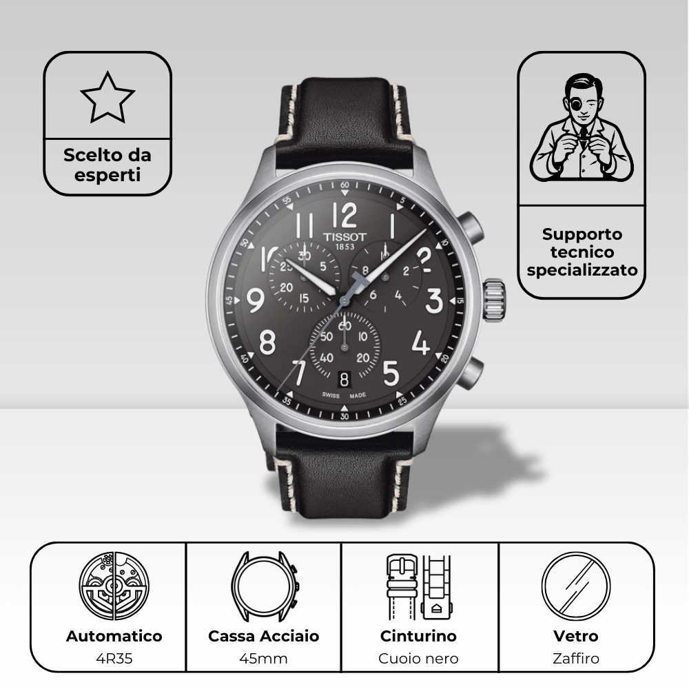 Infografica Tissot Chrono XL: movimento al quarzo, cassa in acciaio 45mm, cinturino in cuoio nero e vetro zaffiro antigraffio.