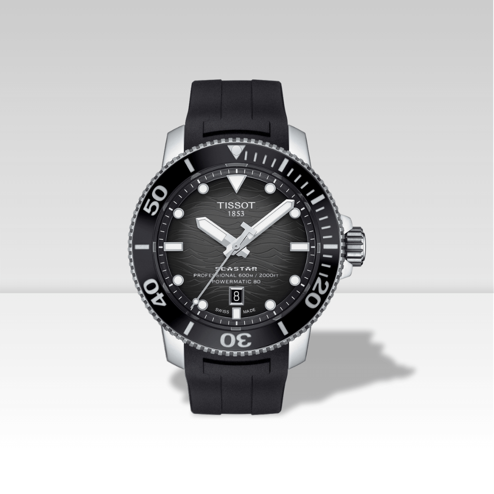 Orologio Tissot Seastar 2000 Professional Powermatic 80 con quadrante nero sfumato e cinturino in caucciù.
