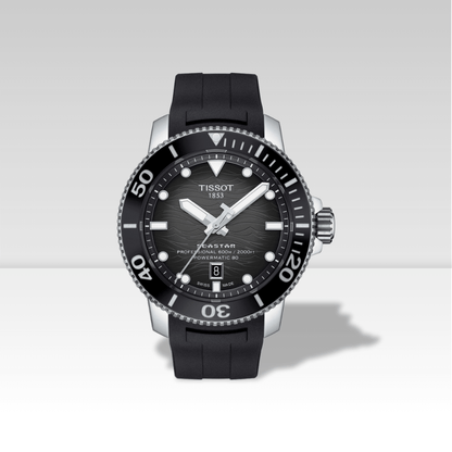 Orologio Tissot Seastar 2000 Professional Powermatic 80 con quadrante nero sfumato e cinturino in caucciù.