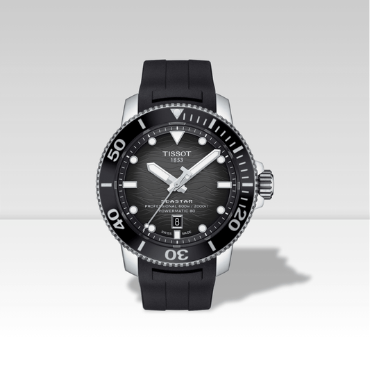 Orologio Tissot Seastar 2000 Professional Powermatic 80 con quadrante nero sfumato e cinturino in caucciù.