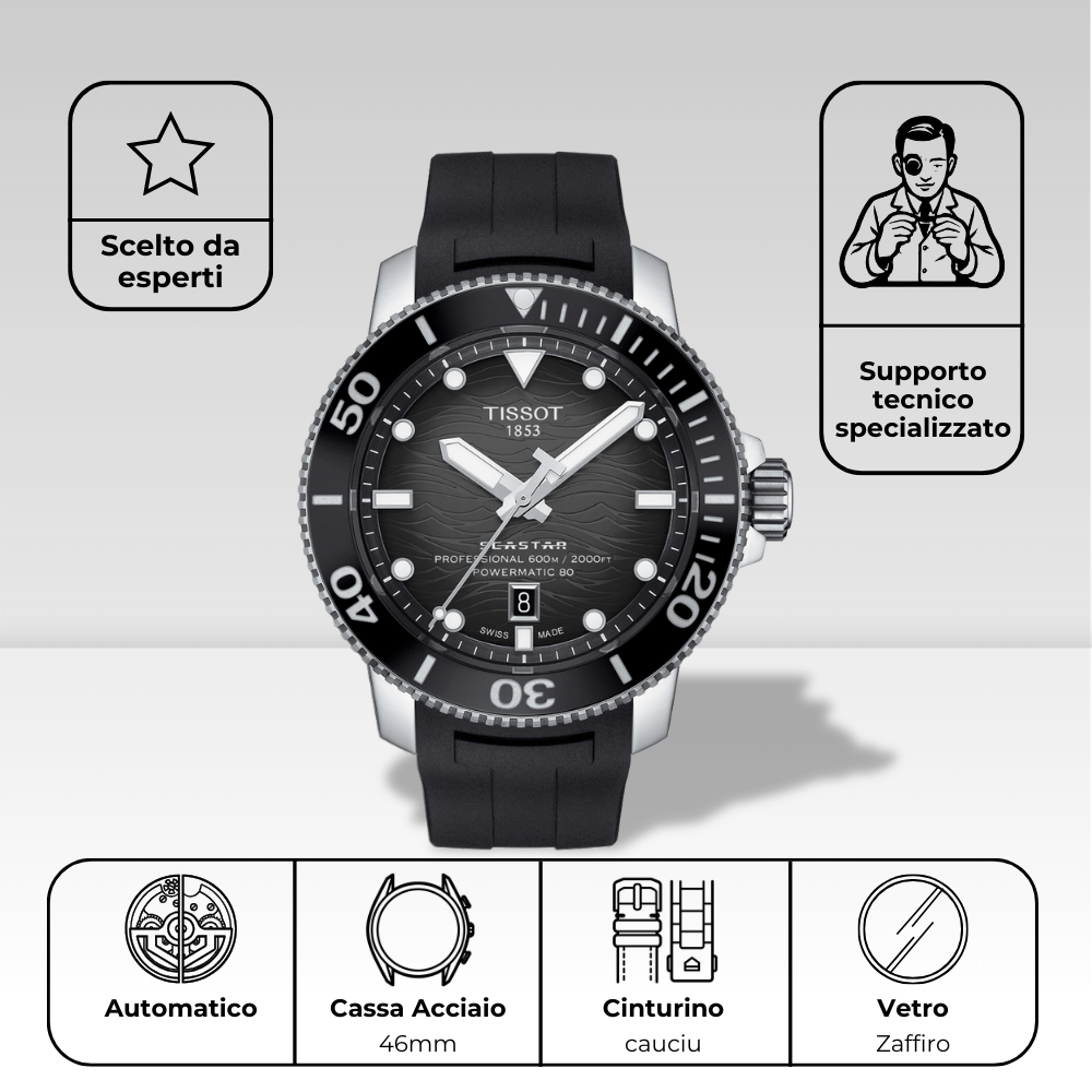 Specifiche Tissot Seastar 2000: movimento automatico, cassa acciaio 46mm e vetro zaffiro.