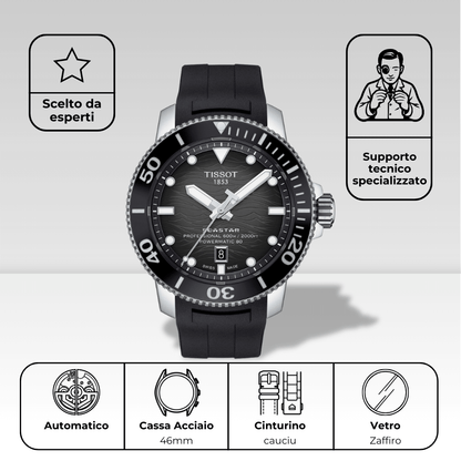 Specifiche Tissot Seastar 2000: movimento automatico, cassa acciaio 46mm e vetro zaffiro.