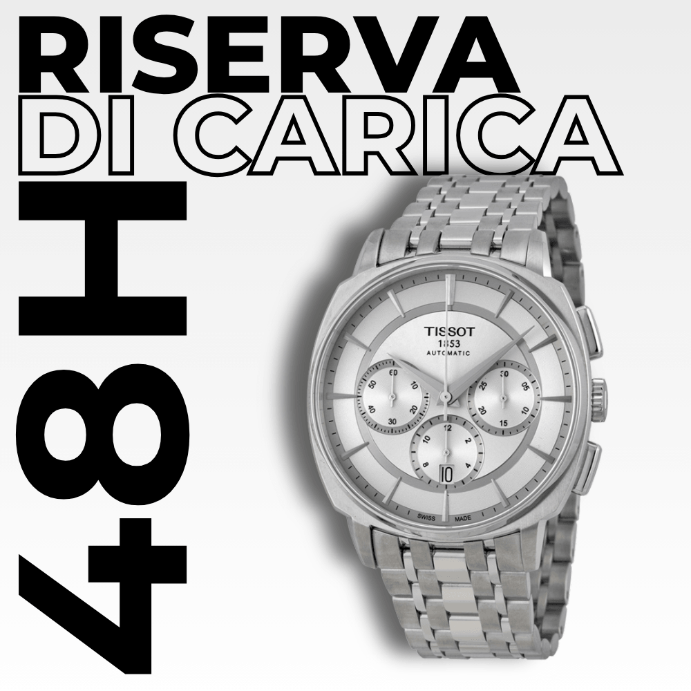 Vista laterale della cassa in acciaio 316L del Tissot T-Lord, riserva di carica 48 ore